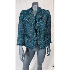 NWT Anne Klein Womens Fringe-Trim Tweed Jacket Juniper Blue, Size 2